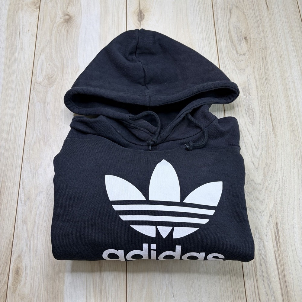 Adidas Trefoil Logo Print Pullover Hoodie Adults Size Large Black Skater Vintage